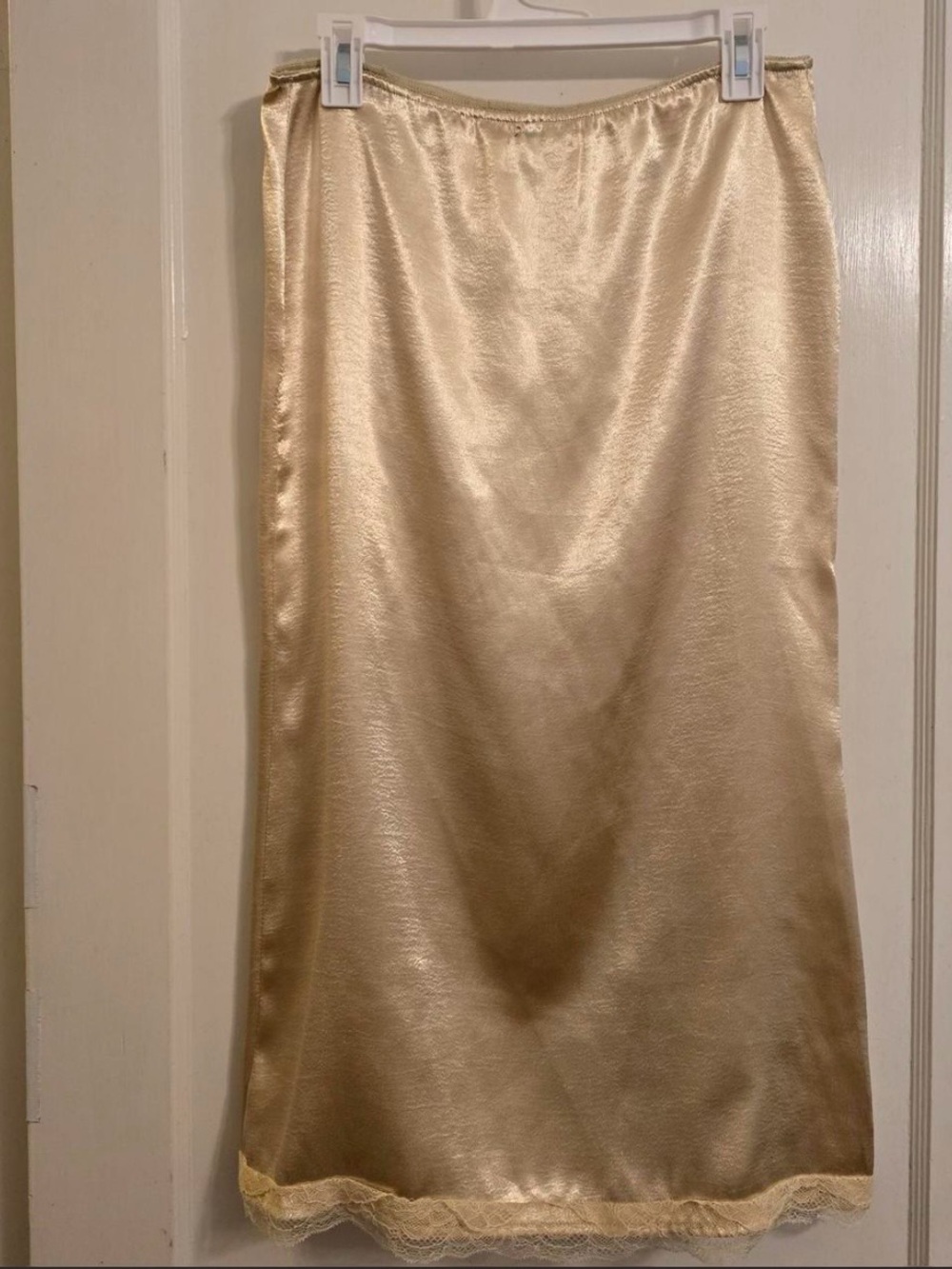 Moon River Gold Satin Shimmery Midi Skirt with Lace Trim - Picture 2 of 5